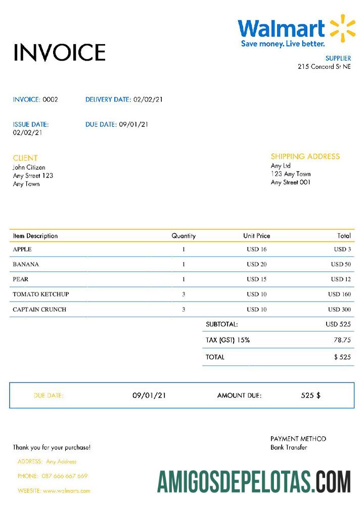 para download Modelo de fatura do Walmart nos EUA